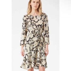 NWT REBECCA TAYLOR LS 100% SILK BLACK/GOLD LEAF DRESS SIZE 2